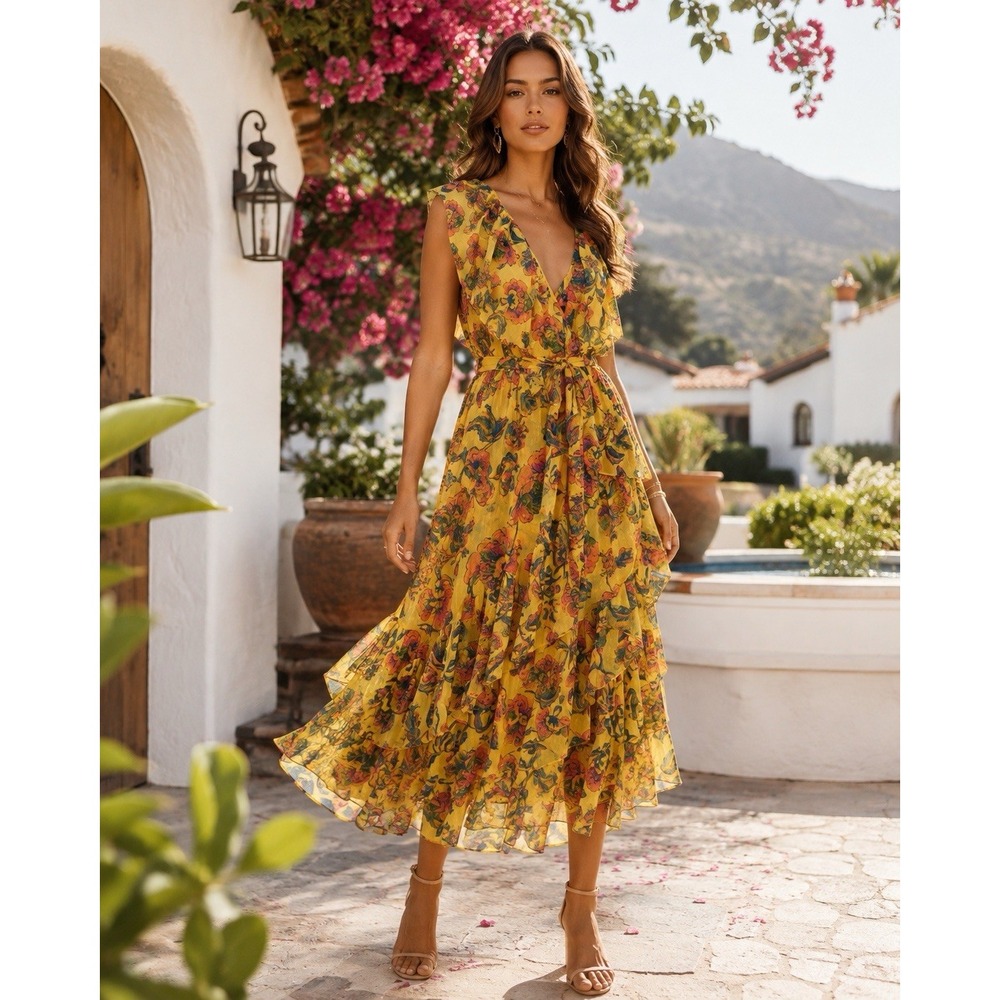 Misa Los Angeles Wrap Dress S Yellow Floral Ruffle Tiered Midi Boho Resort